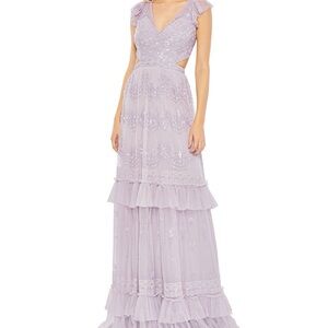 Sequined Pastel Lilac Ruffled Cap Sleeve Cut Out Tiered Gown, Mac Duggal Size 8